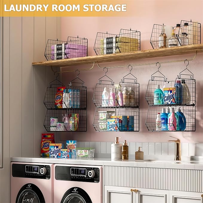 X-cosrack 7 Tier Foldable Hanging Closet Organizer and Storage,Wire Closet Shelving with 4 Large Hooks+ 5 S Hooks,Hanging Basket for Clothes Sweaters Shoes Handbags,Small Closet Organizers - Image 7