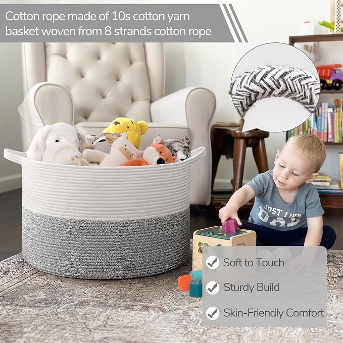 INDRESSME Large Woven Rope Blanket Basket Living Room Light Grey, 65L - Image 3