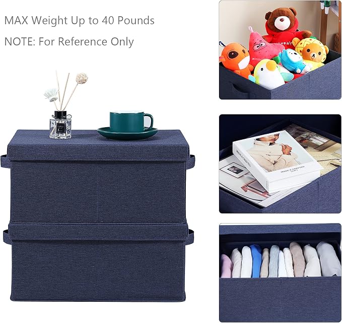 HOONEX Foldable Storage Bins with Lids, Pack of 2, Storage Boxes with 2 Carrying Handles and Heavy Cardboard, 16.5" L x 11.8" W x 7.5" H for Shoes, Clothes, Blue - Image 2