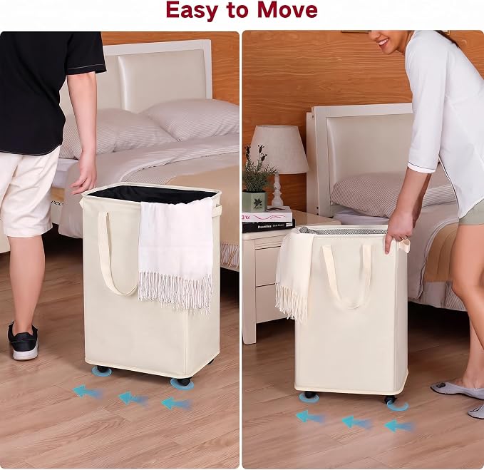efluky Slim Laundry Hamper with Wheels, Rolling Laundry Basket for Clothes, Small Laundry Basket for Bedroom, Dorm and Laundry Room, 90L (19.8 Gallons) Beige - Image 4