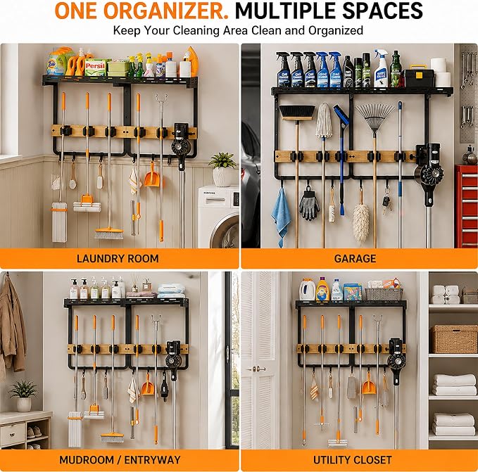 Mop and Broom Holder Wall Mount with Railing Shelf,3-in-1 Cleaning Storage Organizer,Storage Rack with Vacuum holder 5 Grips 6 Hooks for Laundry Utility Garages Closet, - Image 5
