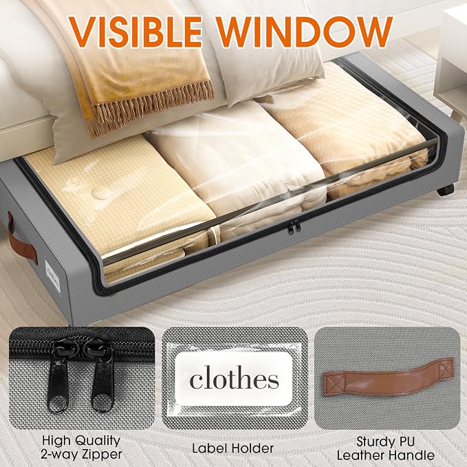 Under Bed Storage with Wheels 3Pack Storage Containers with Clear Window | Under Bed Drawers Rolling Under Bed Storage for Clothes,Shoes, Blankets (30.71 x 16.93 x 6.69 in, Light Grey) - Image 3