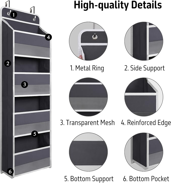 Giraffe Creation Compact Gray Over Door Organizer with 4 Large Clear Pockets, Compact Hanging Door Storage for Closet, Bathroom, Bedroom, Dorm, Nursery Essentials - Image 4