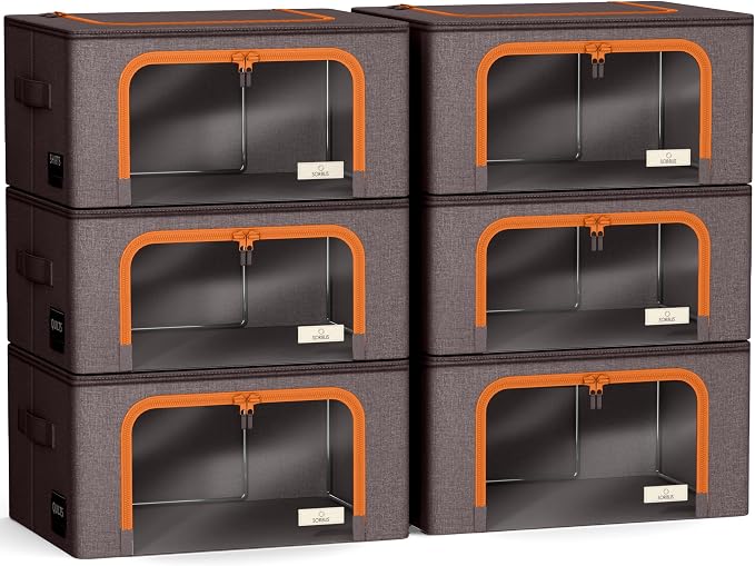Sorbus Clothes Storage Bins, Clear Window & Handles (6 Pack, Brown) | Large foldable stackable boxes have easy-carry grips for bedding and linens in closets, bedrooms and laundry rooms. - Image 7
