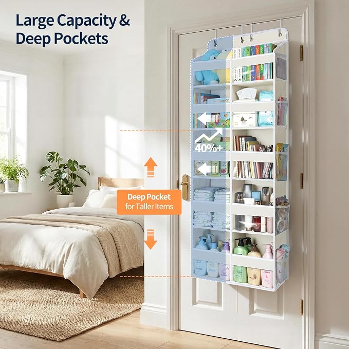 Yecaye Over The Door Organizer, 5 Tier Extra Large Behind Door Storage of 10 Compartments, 80lbs Heavy Duty Door Organizer Hanging with Clear Window for Closet Bedroom Pantry Bathroom, Beige - Image 3