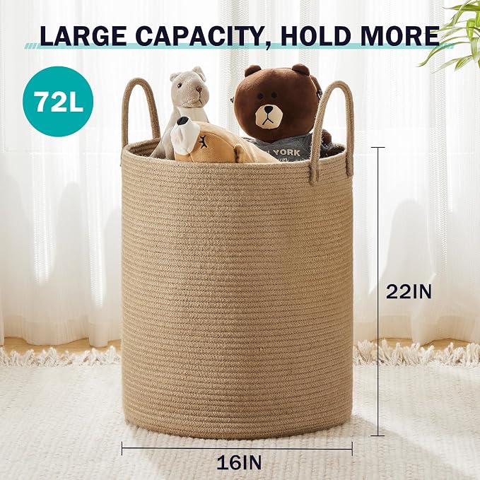 Woven Rope Laundry Hamper Basket by YOUDENOVA, 72L Tall Luandry Basket, Baby Nursery Hamper for Blanket Storage in Bedroom-Large-Jute - Image 3