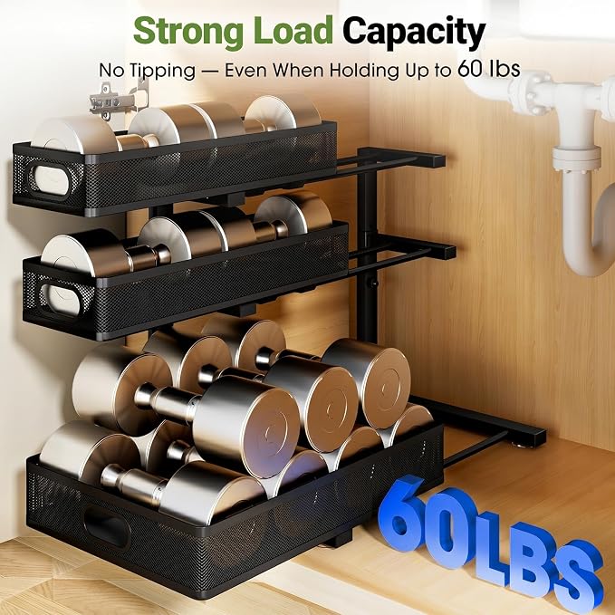 Under Sink Organizer 3 Tier, 4 Pack L-Shaped Pull-Out Cabinet Organizer with Sliding Metal Mesh Drawers, Height Adjustable Under Sink Storage Rack for Kitchen Bathroom Cabinet, Black - Image 7