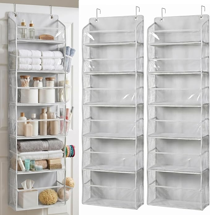 HOMELUX THEORY Over the Door Organizer, 6-Tier, 100D Fabric Transparent 2pc | Over the door shoe organizer, 50 lbs capacity, 12 side mesh pockets, 100D extra thick fabric, Closet & entryway storage by HomeluxTheory