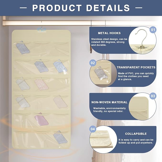 26-Pocket Hanging Closet Organizer for Socks and Underwear, Beige - Image 3