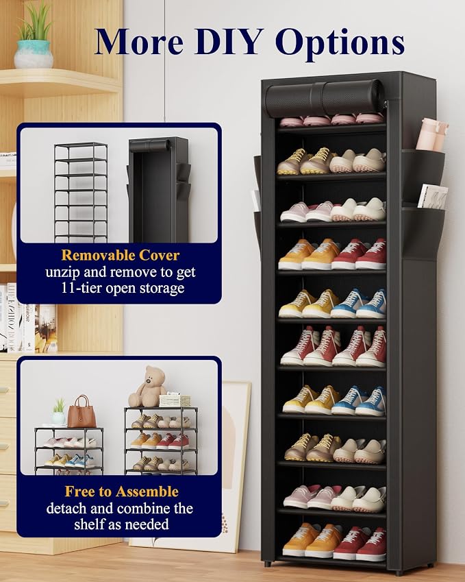Kitsure 10-Tier Shoe Rack with Cover, Vertical Shelf, 17.5" Wide, Black | Space Saving Shoe Storage with Side Pocket, Shoe Organizer for Closet, Entryway, Bedroom, Zapateras Organizer - Image 7