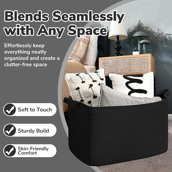 Goodpick Large Woven Rope Blanket Basket, Rectangle, Black, 75L - Image 5
