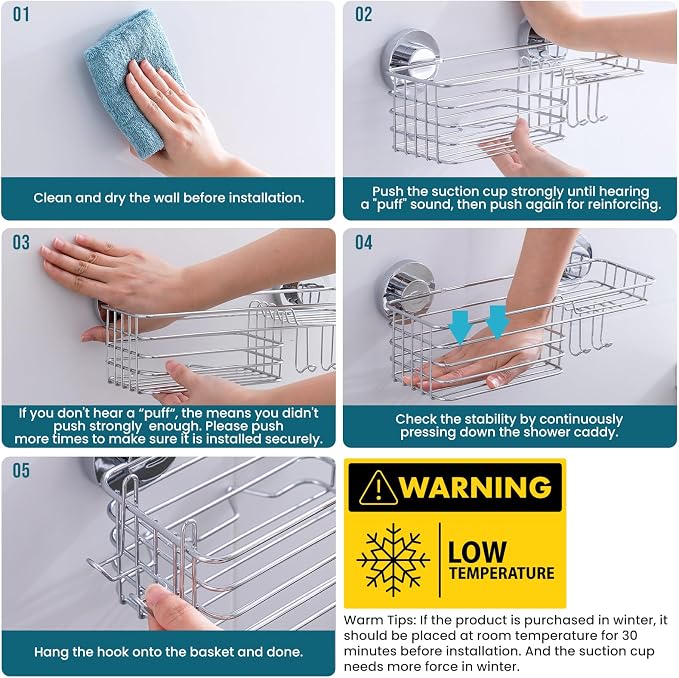 TAILI Shower Caddy Suction Cup with Hooks & Soap Holder, Silver - Image 7