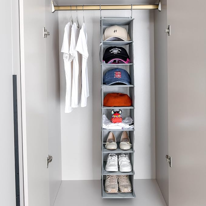 Berdeng Hanging Shoe Organizer for Closet with Side Mesh Pockets，Hat Racks for Baseball Caps，Shoe and Hat Holder & Storage，8-Shelf，Gray，2 Pack - Image 2