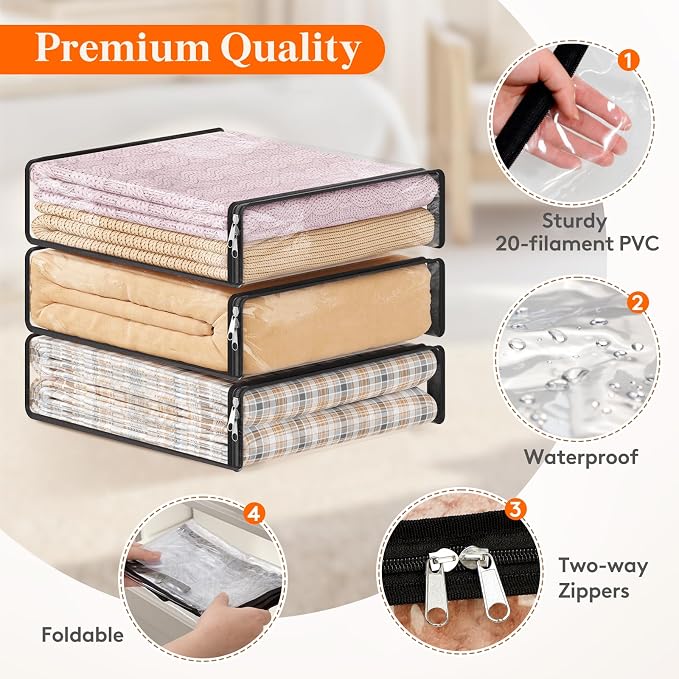 Lifewit 14L Clear Sheet Storage Bags with Zipper 4 Pack, Plastic Sweater Storage Bins for Clothing, Vinyl Foldable Clothes Containers Organizers for Closet, Blankets, Bedding 15.7 x 13.8 x 3.9 Inch - Image 3