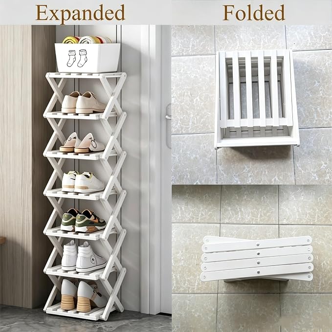 6 Tier Foldable Shoe Rack, Bamboo Vertical Shoe Organizer Tall for Multifunctional Narrow Shoe Shelf for Entryway, Closet, Corner, Bedroom, Hallway(White) - Image 5