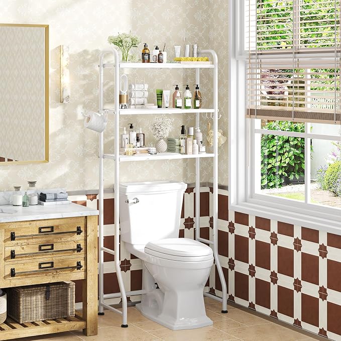 Simple Trending Expandable Over The Toilet Storage Rack, Metal 3 Tier Bathroom Organizer Shelf with Paper Holder and 3 Hooks, White - Image 2