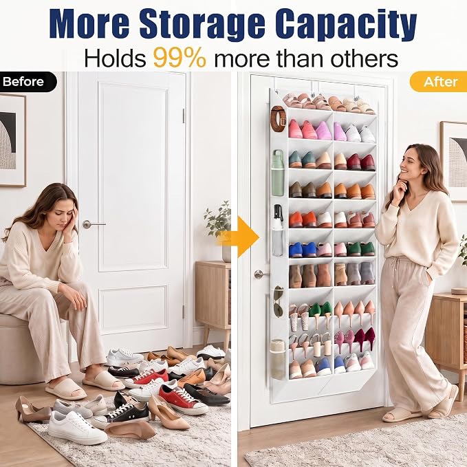 UVIAHOMI 20-30 Pairs Over the Door Shoe Organizer with Side Mesh Pockets, 10-Tier Hanging Shoe Storage for Closet, Breathable Door Shoe Rack Holds Sneakers, Boots, Heels & Daily Essentials, White - Image 3