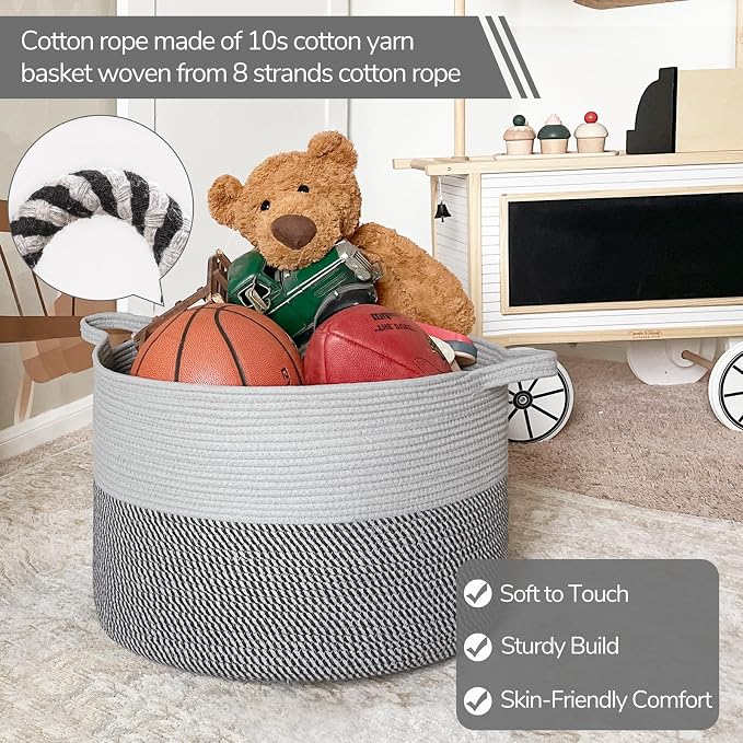 INDRESSME XXXLarge Woven Rope Blanket Basket Living Room Grey, 90L - Image 2