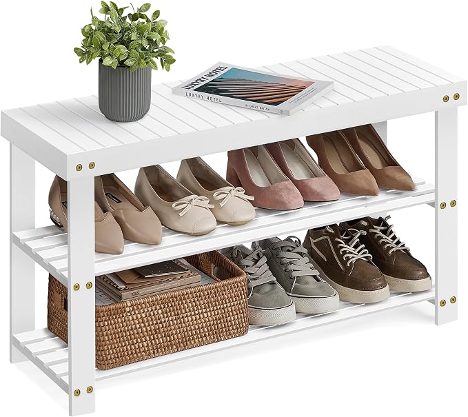 SONGMICS Shoe Rack Bench, 3-Tier Bamboo Entryway Bench, 35.4 Inches Width | Shoe Storage Organizer, Holds Up to 286.6 lb, Cloud White, BAMBOU Collection ULBS090W01 by Unknown