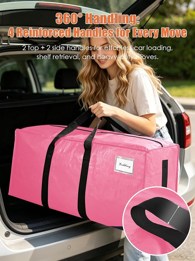 SWEET DOLPHIN 12 Pack 200LB Heavy-Duty Moving Bags with Wrap-Around Handles, Extra Large Storage Totes for Space Saving, Clothes Storage Bags, College Dorm Essentials, Pink, 24 Gal - Image 5