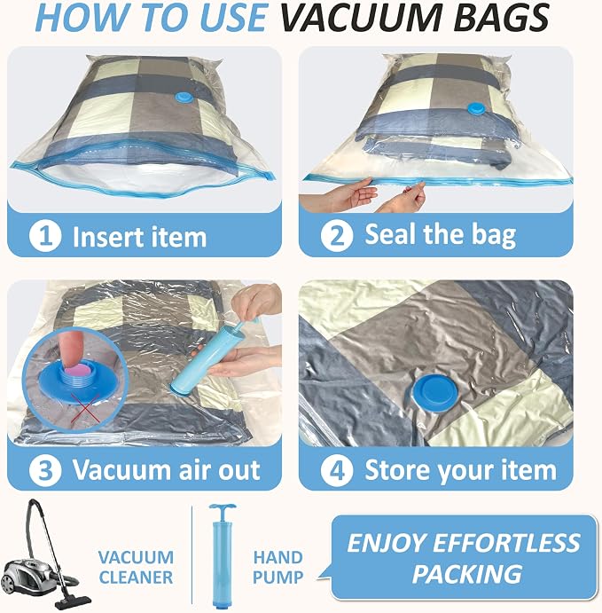 Vacuum Storage Bags with Hand Pump, Vacuum Seal Space Saver Bags,12 Large | 80% Space-Saving Bags for Clothes, Blankets, Pillows & Bedding;Double-Zip Airtight Seal;For Closets, Home & Travel Storage - Image 7