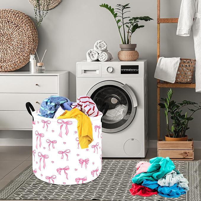 MAIZMZ 3 Pack Pink Bow Storage Basket for Girls Room, 15.7 x 13.3 Inch Round Laundry Basket with Handles,Foldable Toy Organizer Bin with Water-Resistant Lining for Nursery, Bedroom, Gifts - Image 7
