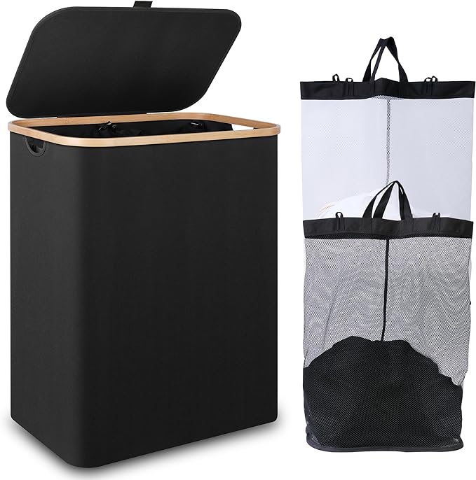 IEGrow Laundry Hamper with Lid,150L Laundry Basket with 2 Mesh Bags,Black by iEGrow