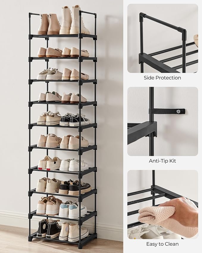 SONGMICS Shoe Rack, 10-Tier Shoe Organizer, Metal Storage Shelf | for Entryway, Upright or Upside Down, for 11-22 Pairs, Stackable, 11.8 x 17.7 x 68.5 Inches, Black ULSA25BK - Image 7