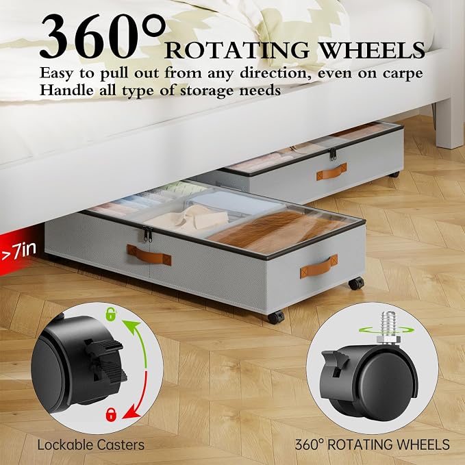 Yecaye Under Bed Storage with Wheels, 2 Pack Under Bed Storage Containers with Adjustable Dividers & Clear Window, Rolling Underbed Organizer Bins Drawers for Clothes, Shoes, Blankets, Grey - Image 3