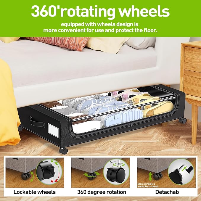 APSARAS USA Under Bed Storage with Wheels, Underbed Storage with Wheels and Clear Window, Rolling Drawers & Bins for Shoes Clothes in Dorm Bedroom, Easy Pull-out Black 2-Pack- Space-Saving - Image 6