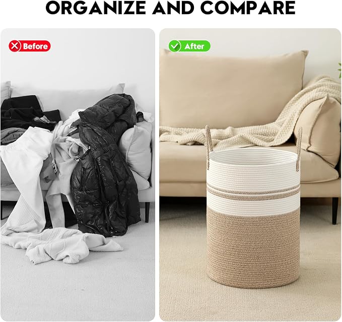 Laundry Basket Hamper Tall Rope Storage Woven for Blanket toys Dirty Clothes in Living Room Bathroom Bedroom (Brown&White, 100L/26.4Gal) - Image 7