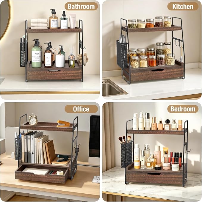 2-Tier Bathroom Counter Organizer with Drawer, Wood Counter Storage Shelf - Image 7