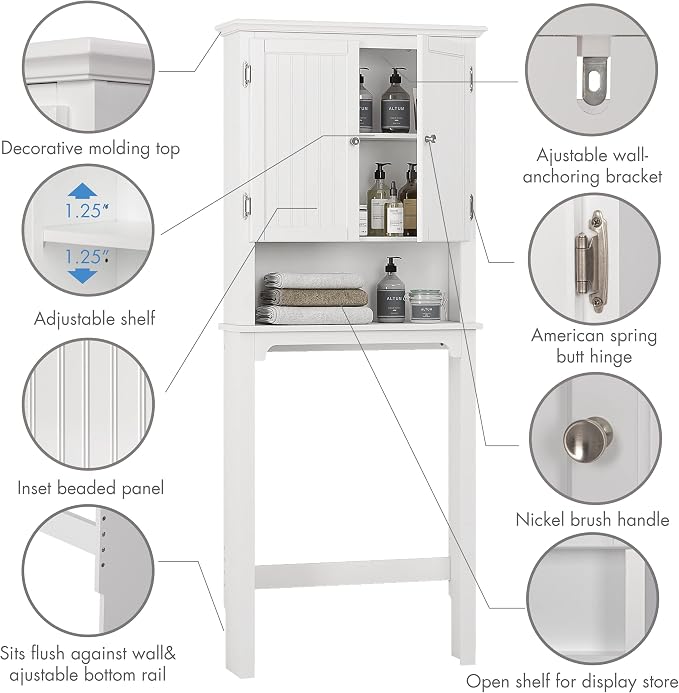 UTEX Over The Toilet Storage Cabinet, White Bathroom Organizer with Doors - Image 4