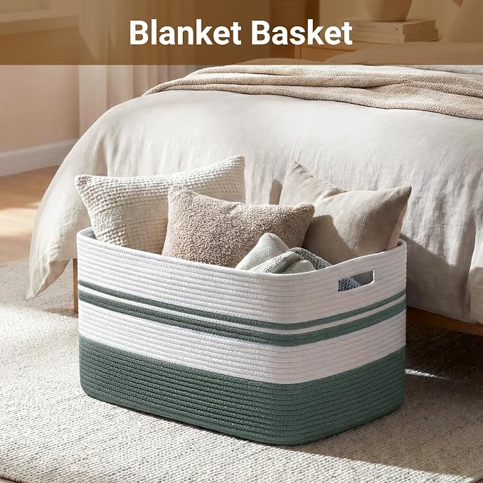 75L Large Blanket Basket, 22"x17"x12"Rectangle Cotton Rope Woven Storage Basket with Handles, Laundry Hamper for Living Room, Nursery, Bedroom - Chemical-Free, Kid & Pet Safe - Sage Green - Image 3