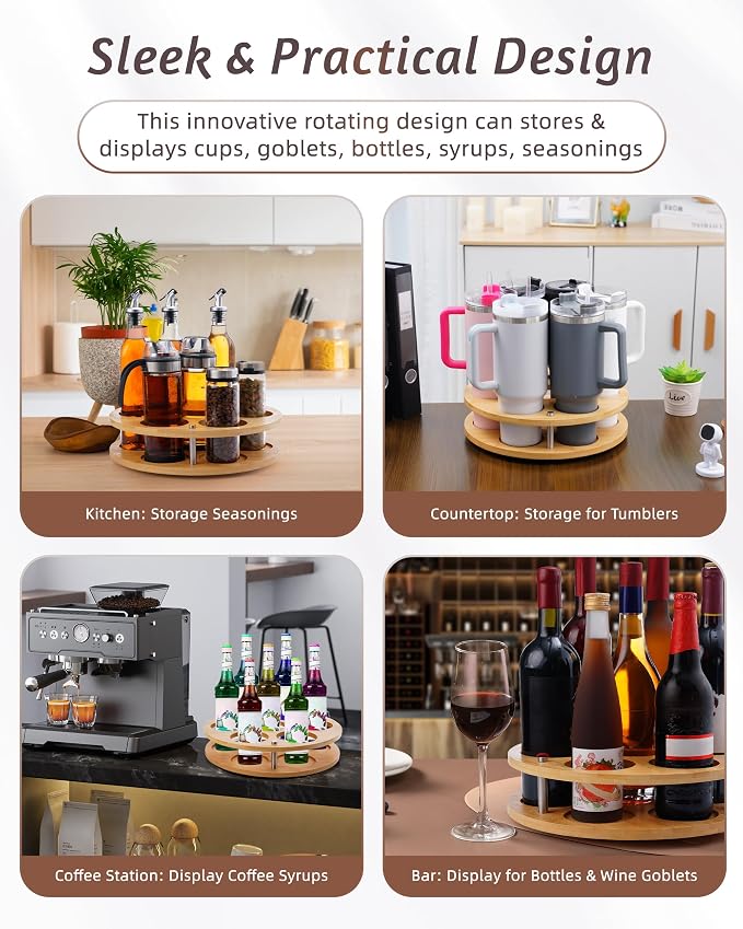 2Pack Rotating Wood Tumbler Organizer, 30 oz 40 oz Spinning Turnable Tumblers Holder, 360° Rotatable 7 Large Cups Bottle Tumbler Storage Display Stand, Rotate Syrup Organizer for Cabinet Countertop - Image 7