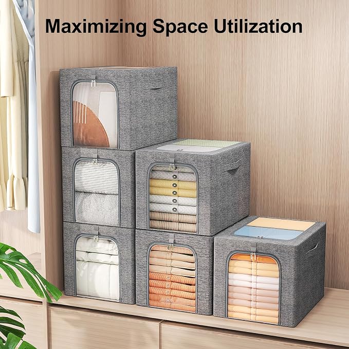 GoMaihe Clothes Storage Bins with Metal Frame for Closet, 40L 4-Pack Grey - Image 4