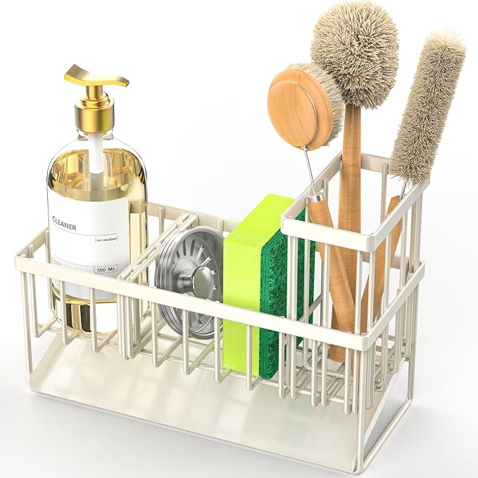 Cisily Off White Sponge Holder for Kitchen Sink, Sink Caddy Organizer with High Brush Holder, Kitchen Countertop Rustproof 304 Stainless Steel, Soap Dispenser Kitchen Organizers and Storage Essentials - Image 7