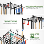 Sttoraboks Garden Tool Organizer Rack Up to 50 Tools, Heavy-Duty Steel Yard Tool Organizer for Garage Storage with 11 Hooks, Broom Holder & Garden Tool Rack for Shed, Patio, Outdoor Use, Black - Image 4