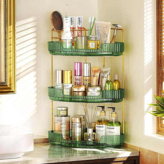 EUHOME 3-Tier Corner Bathroom Counter Organizer Makeup Cosmetic Storage, Tool-Free Installation Acrylic Vanity Shelf, Skin Care Organizer Perfume Tray for Countertop Bathroom, Dresser, Kitchen (Green) by EUHOME