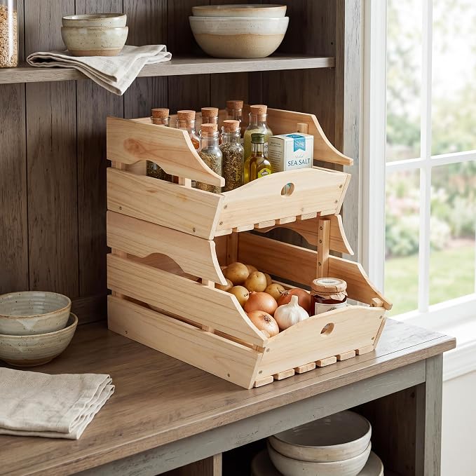 Stackable Wooden Storage Bins, Kitchen Counter Organizer with Handles, Produce Basket for Fruits, Vegetables, Potatoes, Onions, Snacks and Pantry Organization - 2 Piece - Image 7