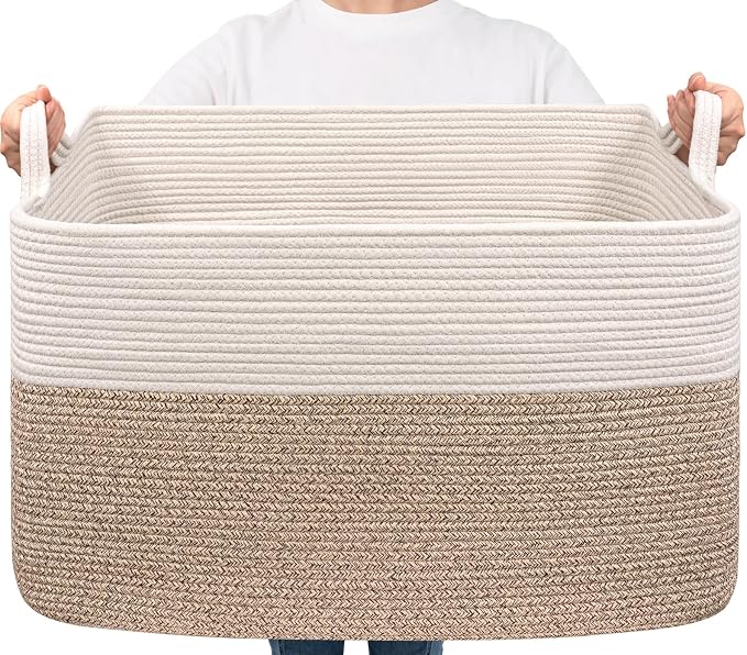 Goodpick 85L Large Woven Rope Blanket Basket, White & Light Brown by Goodpick