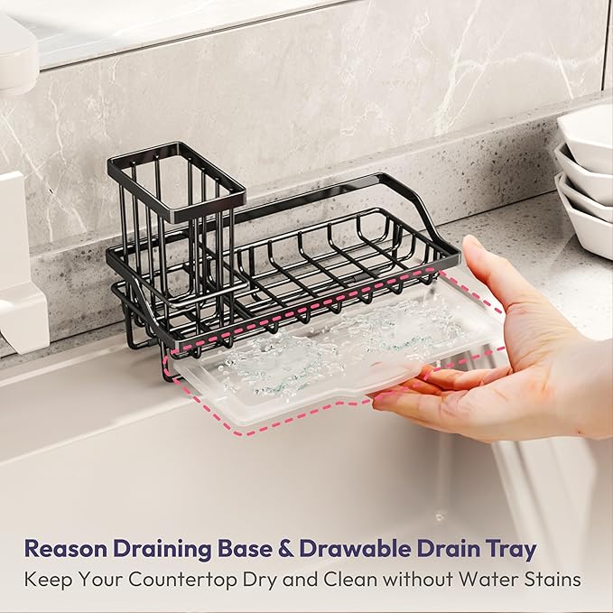 SWTYMIKI Sink Caddy Sponge Holder - Kitchen Sink Organizer with High Brush Holder for Countertop to Hold Dish Soaps and Sponges, Stainless Steel, Black (Pack of 2) - Image 3