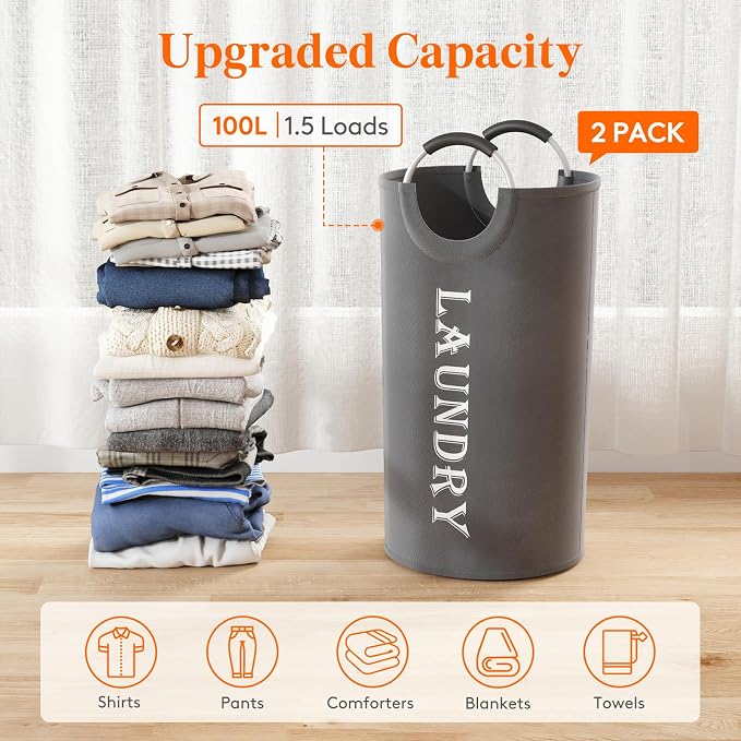 Lifewit 2 Pack 100L Laundry Basket with Aluminum Handles, Grey - Image 4
