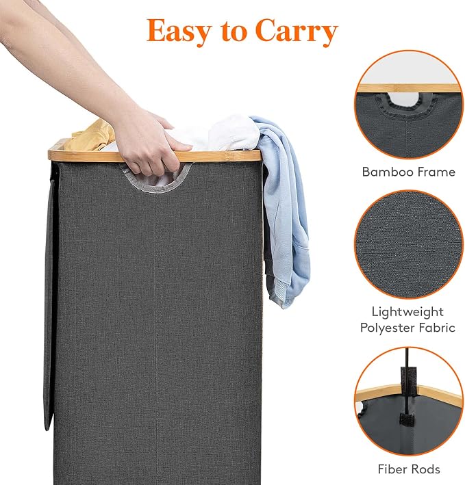 Lifewit 80L Laundry Basket with Lid, Clothes Hampers for Laundry with Bamboo Handles and 1 Removable Bag, Large Foldable Laundry Hamper for Bedroom, Bathroom, Dorm, Laundry Room, Dark Gray - Image 6