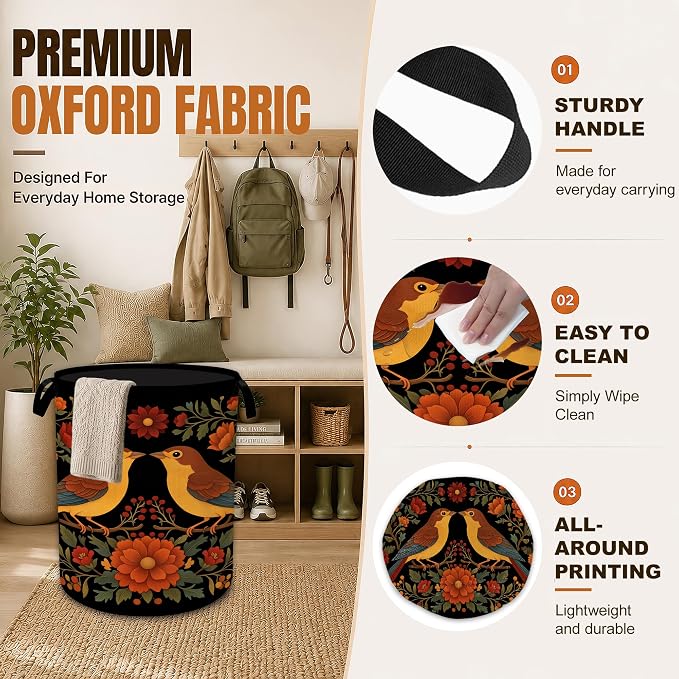 Vintage Birds Laundry Basket,Rustic Flowers Oxford Cloth Foldable Hamper with Handles, Portable Clothes Storage Bucket and Laundry Bag for Bathroom Laundry Room Bedroom Dorm - Image 3