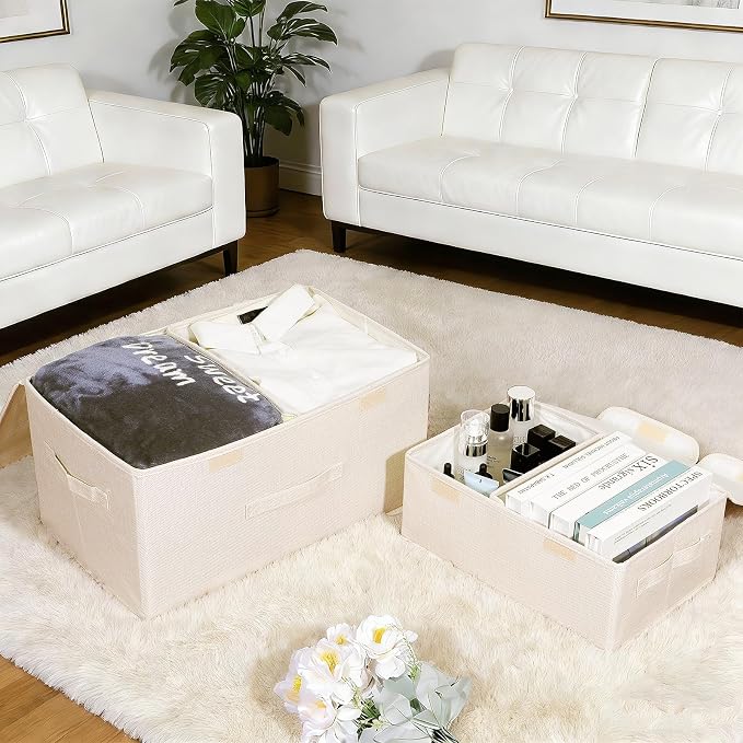 2 Pack Large Storage Boxes with Lids and Handles, Collapsible Linen Storage Bins Organizer Containers Baskets Cube with Removable Divider for Home Bedroom Closet Office (Cream, Small) - Image 4