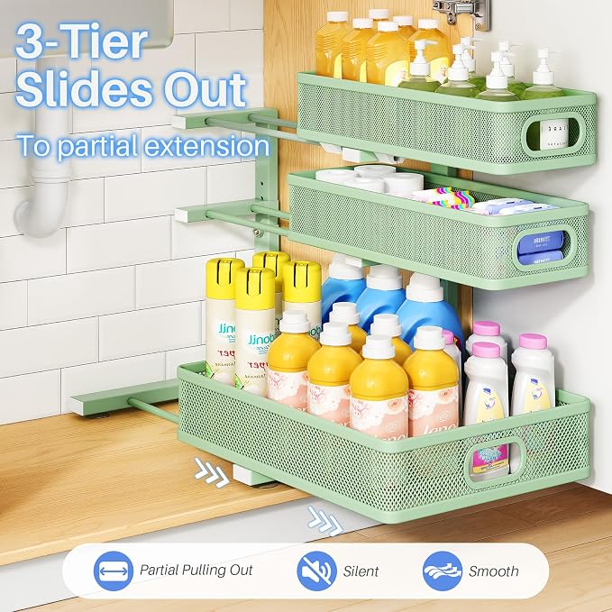 Under Sink Organizer, 3-Tier Thickened Metal Pull out Cabinet Organizer Shelf, Height Adjustable Slide out Storage Drawer Rack for Kitchen Bathroom Pantry Laundry Home Organization, 1-Pack, Green - Image 5
