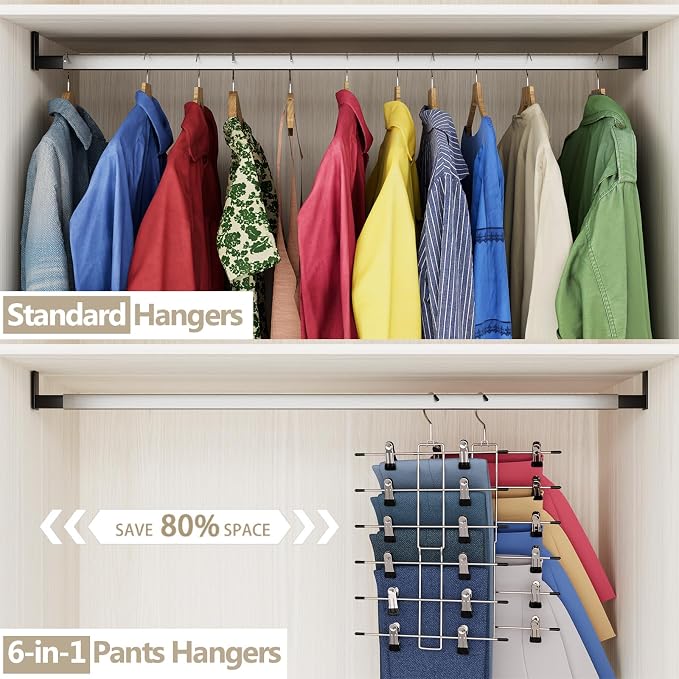 6 Pack Pants & Skirt Hangers Space Saving Hanging Closet Organizer and Storage, Upgrade Skirt Hangers with Clips and 360° Swivel Hook, Closet Storage - Image 2