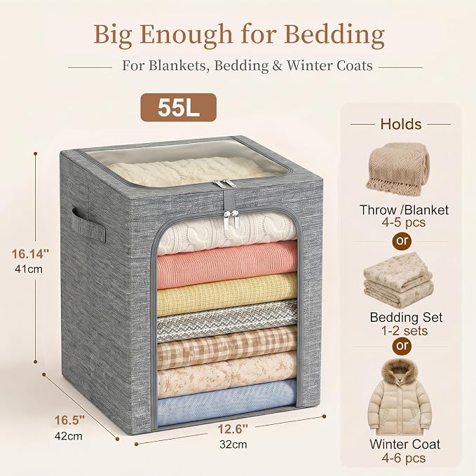 GoMaihe Blanket Storage Bins with Metal Frame for Closet, 55L 6-Pack Grey - Image 3