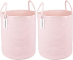 XUANGUO Cotton Rope Laundry Basket Hamper for Girls Kids Baby Nursery Hamper Bin Woven Storage Basket for Living Room Girls room Boho Tall Rope Baskets for Blanket Toys Large light pink (Pack of 2) by XUANGUO